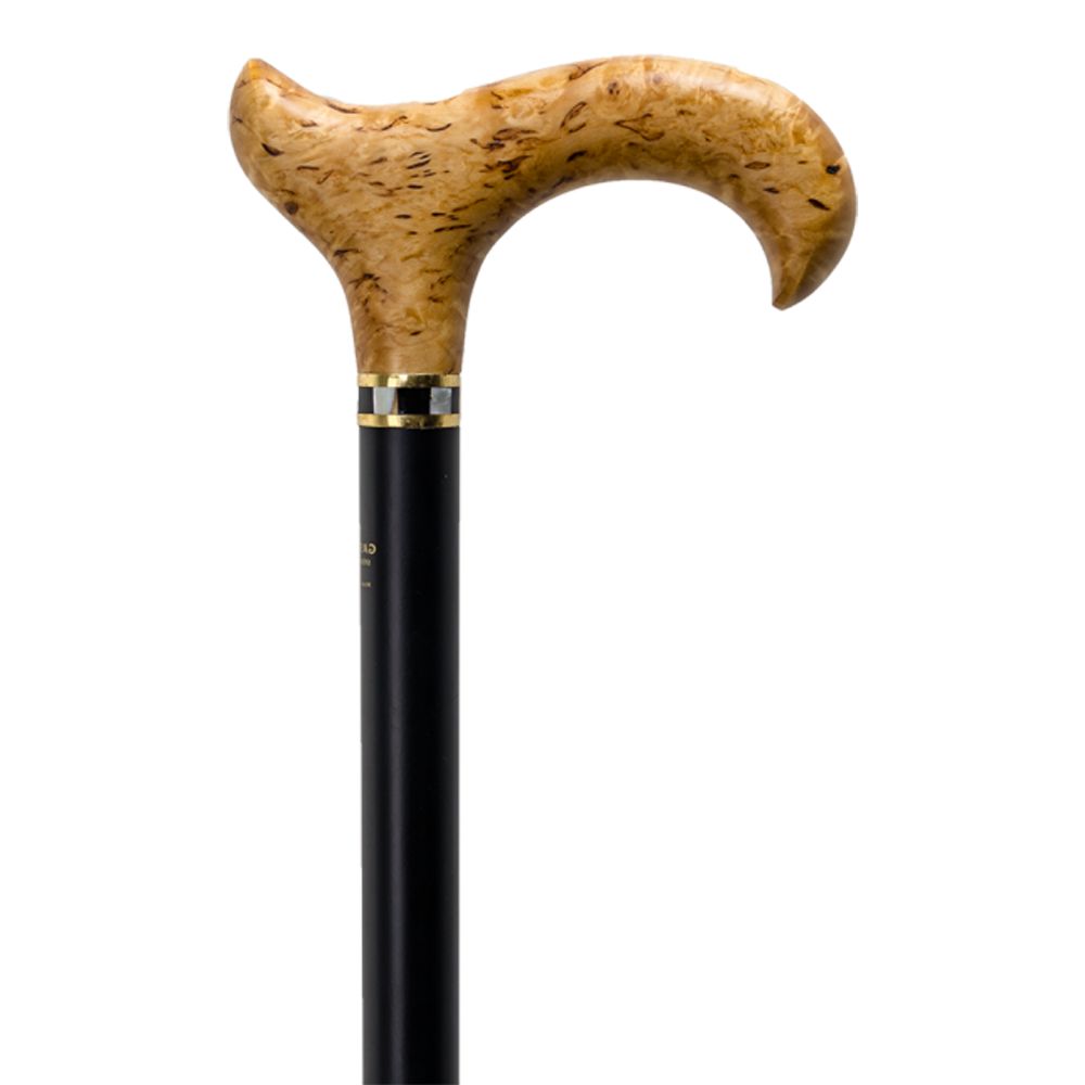 Gehstock mit Maserbirke-Griff und schwarzem Schaft. Der Griff ist hellbraun und ergonomisch geformt. Der Schaft ist gerade.