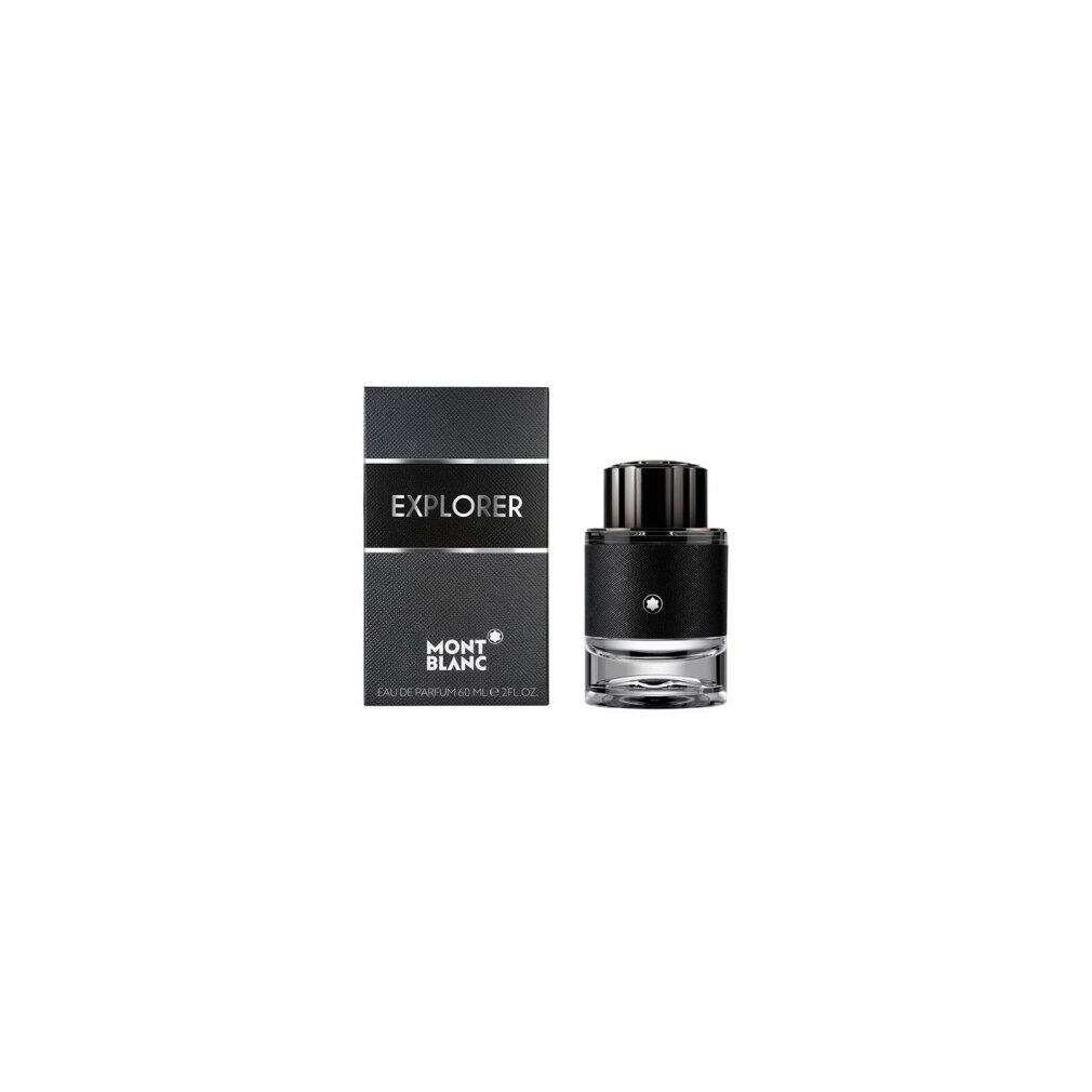 Montblanc Explorer Eau de Parfum Flakon und Verpackung. Schwarzer Flakon mit silbernem Deckel. Schwarze Verpackung mit Logo.