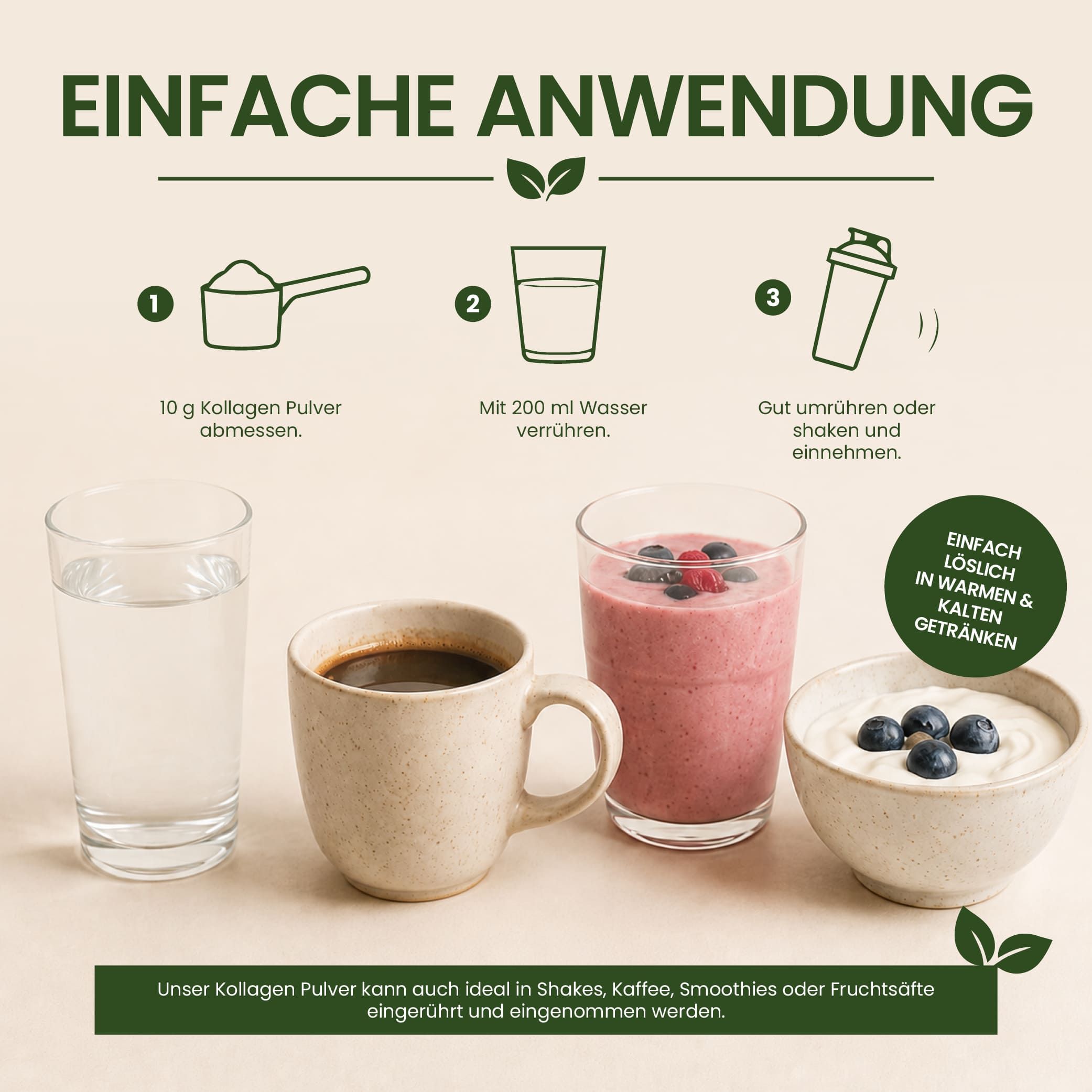 Schritt-für-Schritt-Anleitung zur einfachen Anwendung von Kollagenpulver in Getränken.