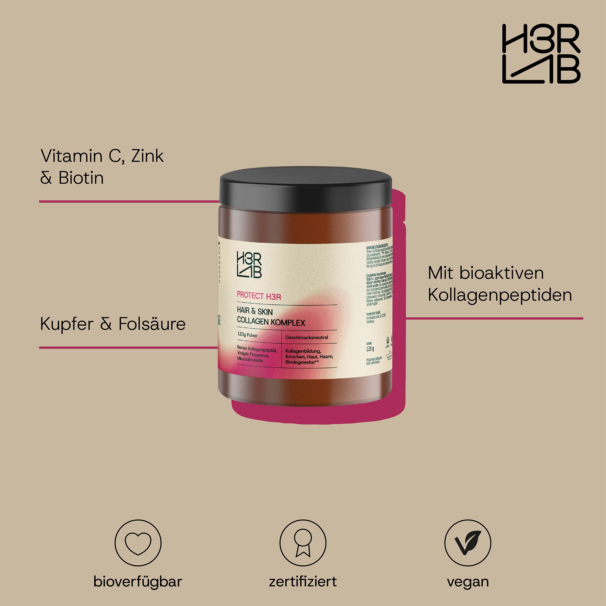 Braune Dose mit schwarzem Deckel. Aufschrift: H3R LAB Hair & Skin Kollagen Komplex. Text: Vitamin C, Zink & Biotin.