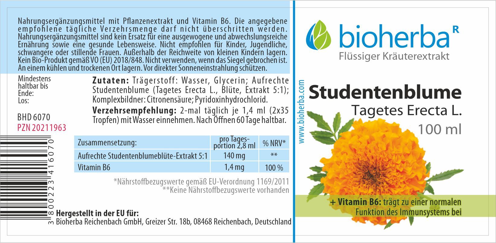 Bioherba Studentenblume Тagetes Erecta L. Tropfen Tinktur