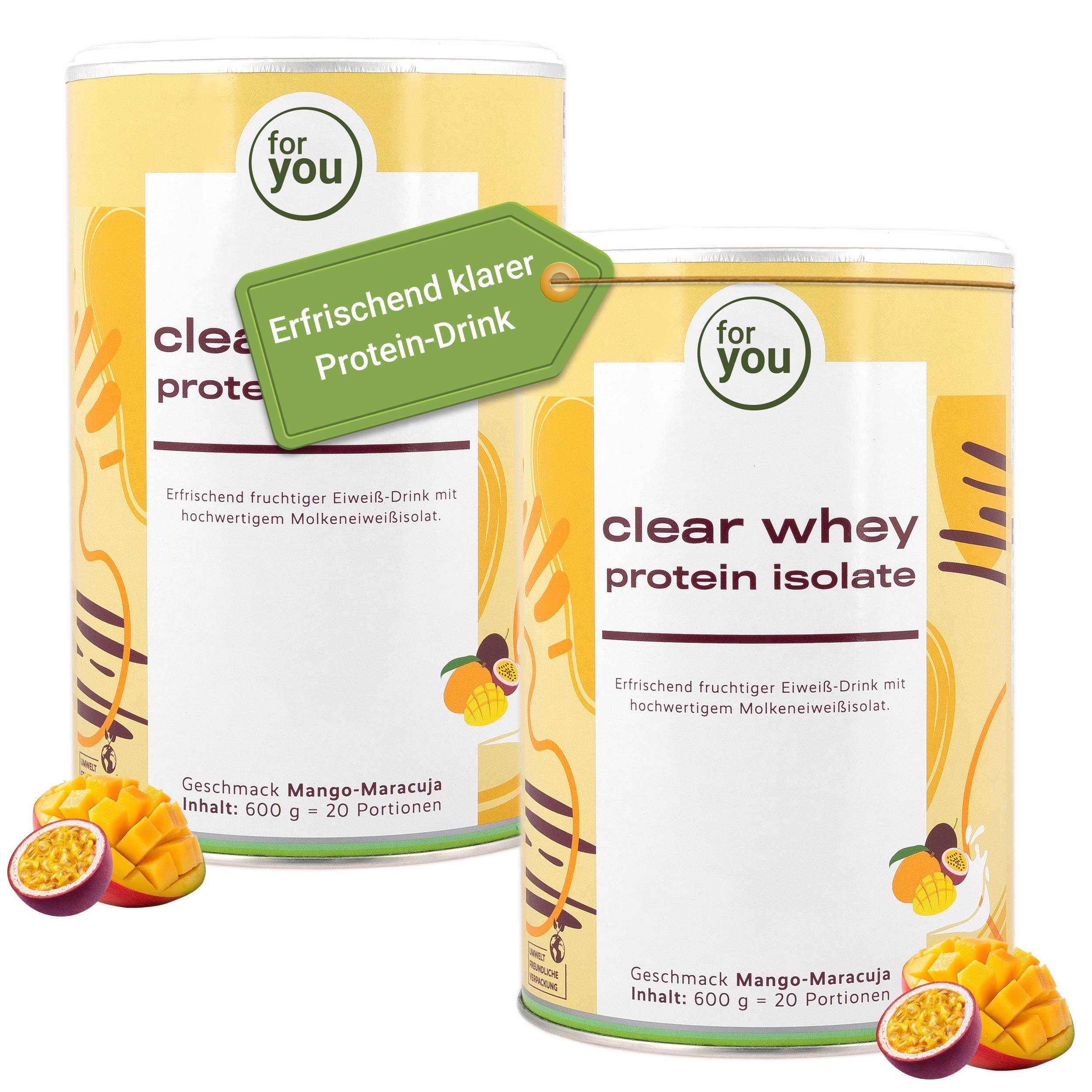 Zwei Dosen Clear Whey Protein Isolate, Geschmack Mango-Maracuja.