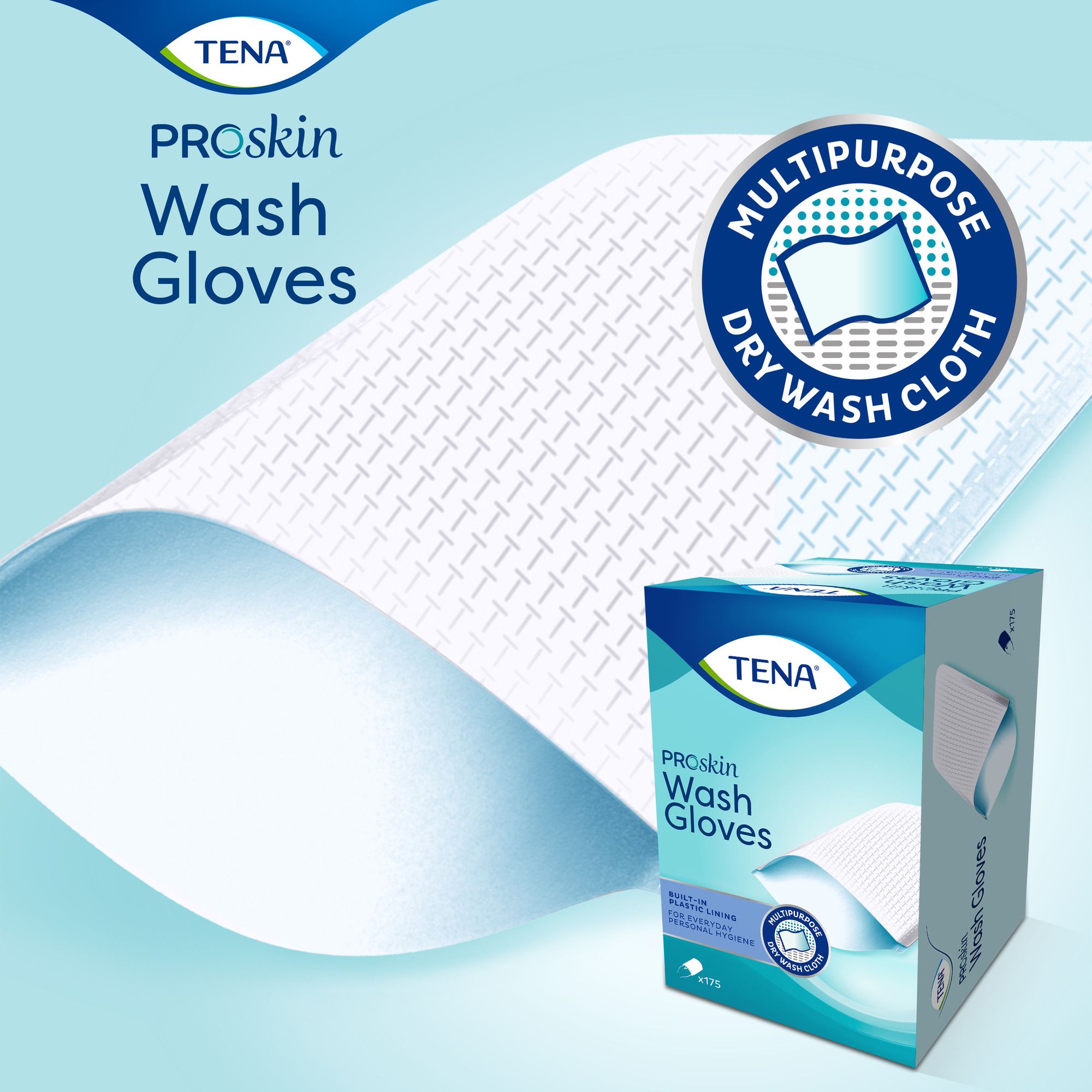 TENA Proskin Wash Gloves. Ein weißer Waschhandschuh mit integrierter Plastikfolie, Multipurpose Dry Wash Cloth.