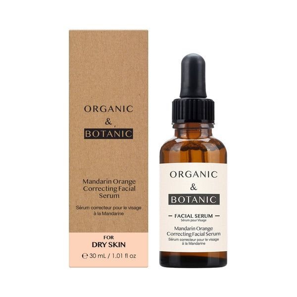 Braune Glasflasche mit Pipette und Karton. Aufschrift: Organic & Botanic Mandarin Orange Serum für trockene Haut.