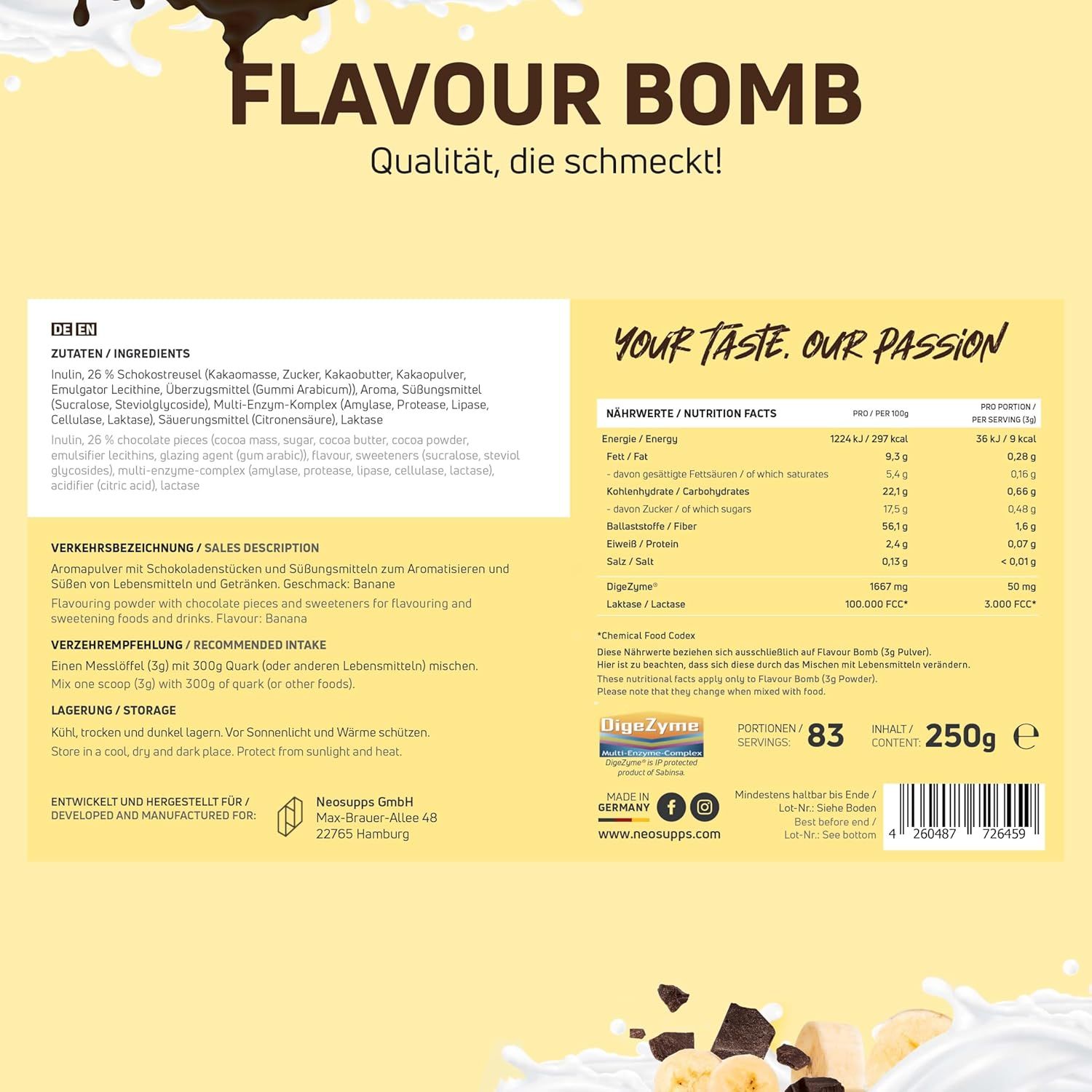 Rückseite der Neosupps Geschmackspulver-Dose. Zutatenliste, Nährwerttabelle und Verzehrempfehlung. Aufschrift: FLAVOUR BOMB. Text: Qualität, die schmeckt!