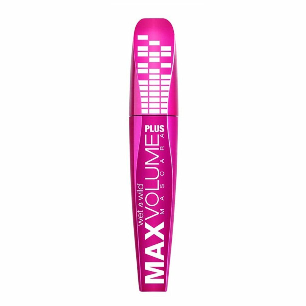 Wet n Wild Max Volume Plus Mascara. Pinke Hülle mit weißem Muster. Schwarze Schrift: MAX VOLUME, PLUS, Mascara. Marke: Wet n Wild.