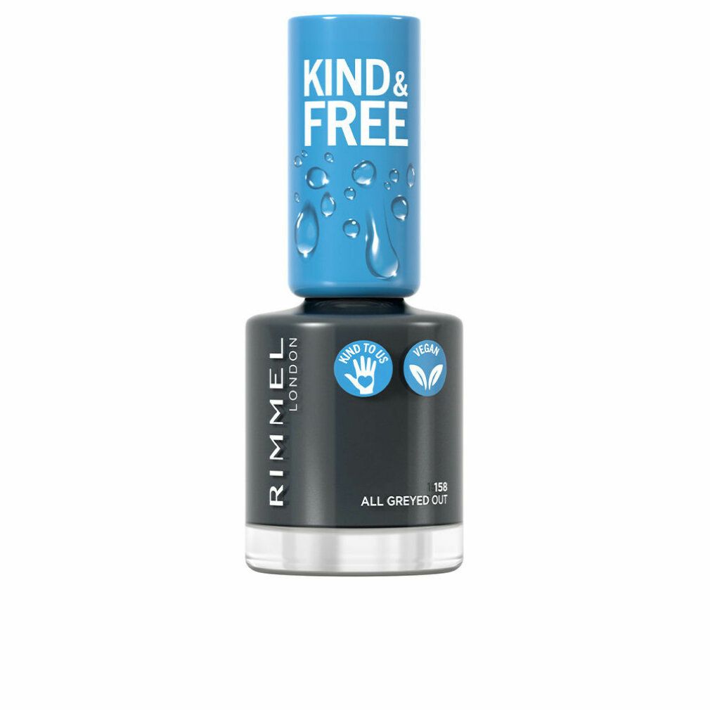 Nagellackflasche, grau. Blauer Deckel mit "KIND & FREE"-Logo. "RIMMEL LONDON" und "ALL GREYED OUT" sichtbar. Vegan-Siegel.