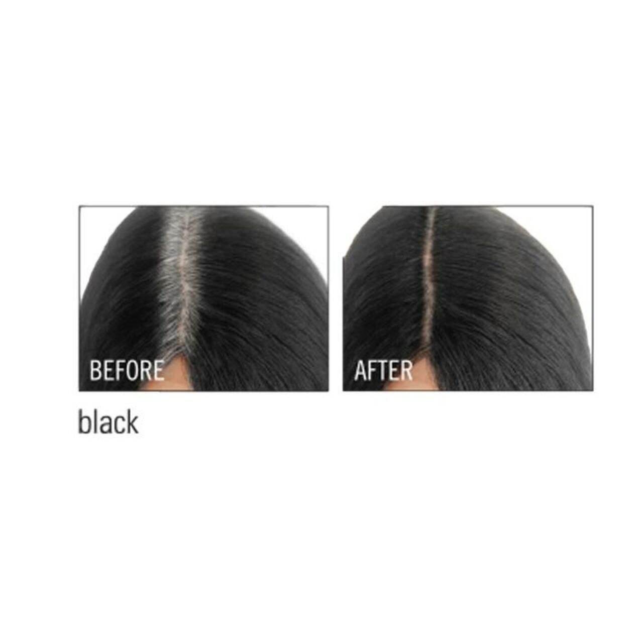 Vorher-Nachher-Vergleich von schwarzem Color Wow Root Cover Up. Zeigt graue Wurzeln vor und nach der Anwendung.