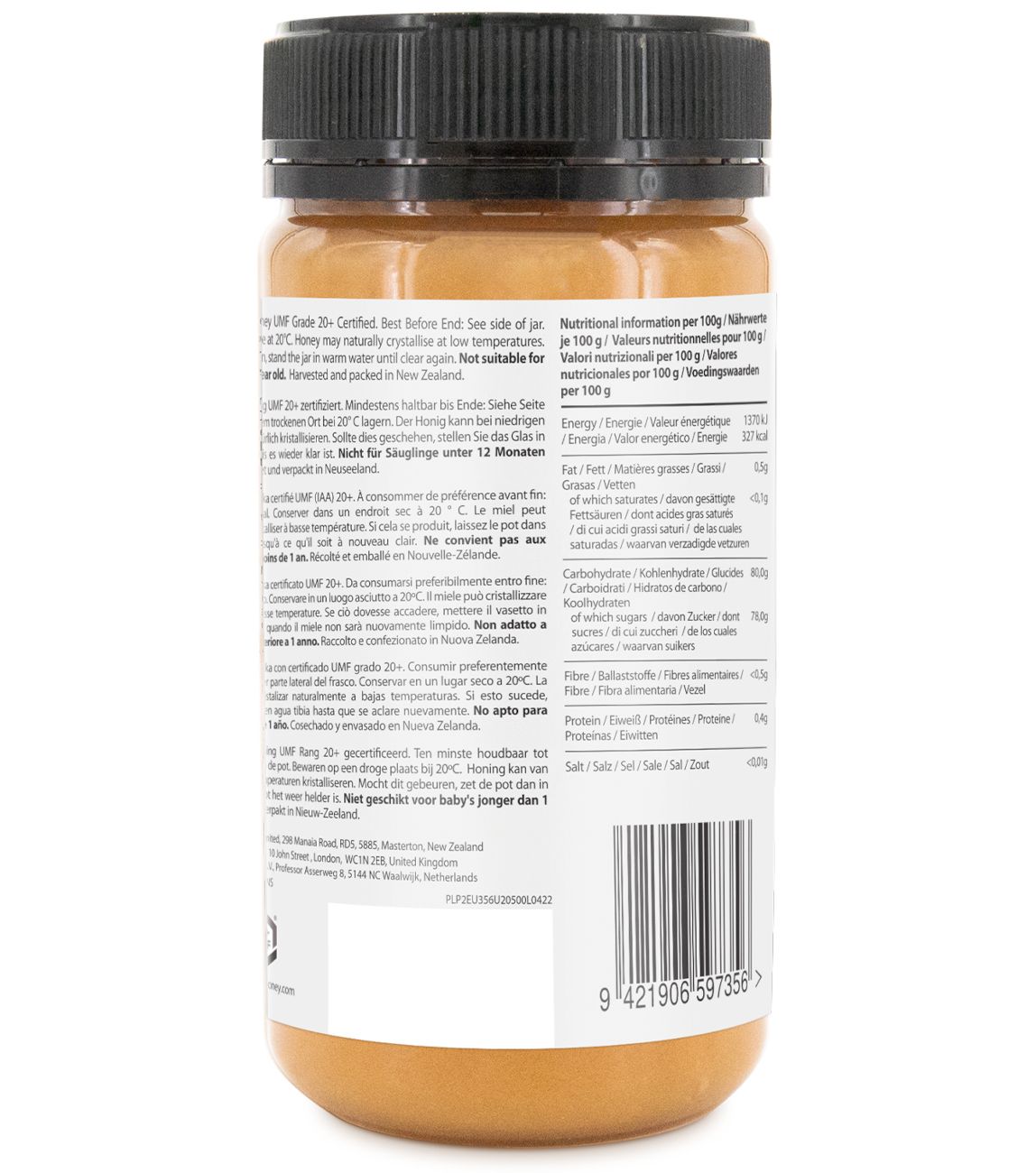 Honigglas mit schwarzem Deckel. Etikett mit Nährwertangaben und Text. UMF 20+ Zertifizierung. Honigfarbe sichtbar.