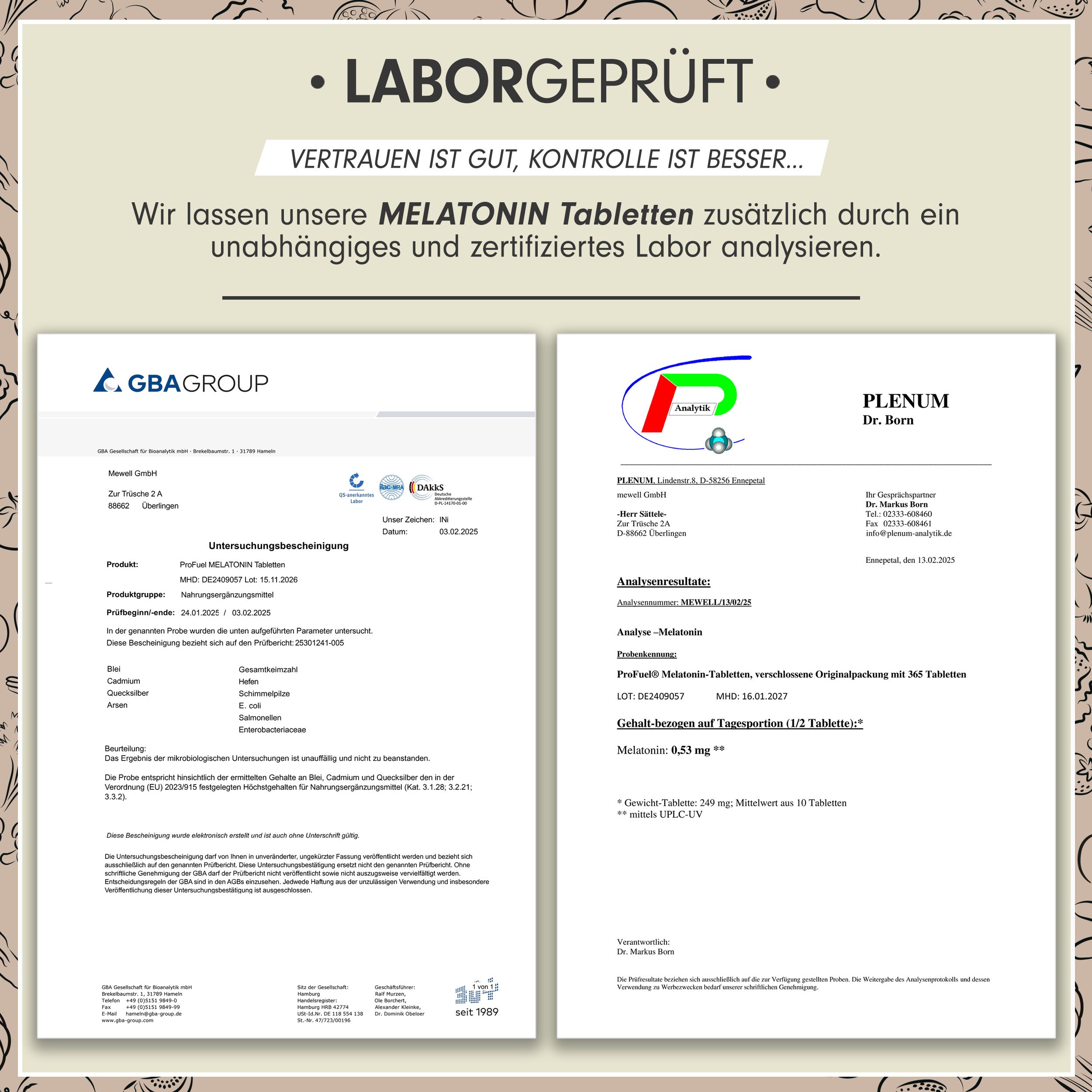 Zwei Laborzertifikate. Analyse von Melatonin-Tabletten. GBA Group und Plenum Dr. Bern. Ergebnisse und Details.