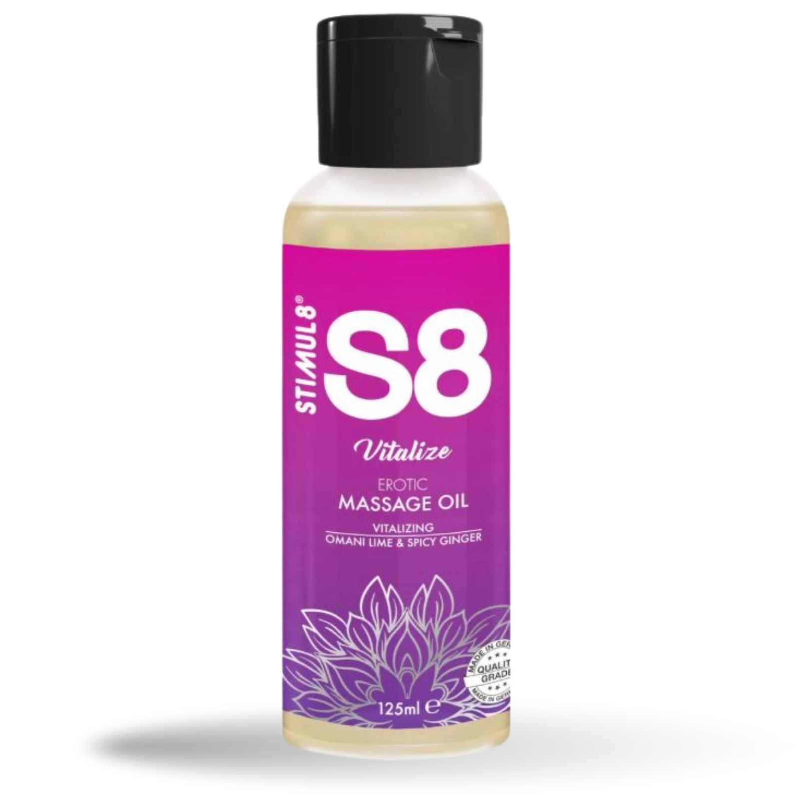 Massageöl mit Aroma. Flasche mit schwarzem Deckel. Aufschrift: S8 Vitalize Erotic Massage Oil.
