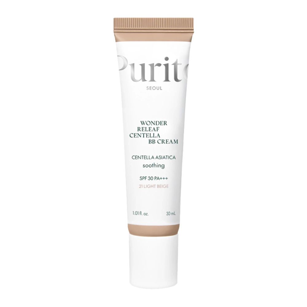Tube Wonder Releaf Centella BB Cream, #21 Light Beige. Marke Purito. Text: SPF 30 PA+++, 30 ml.