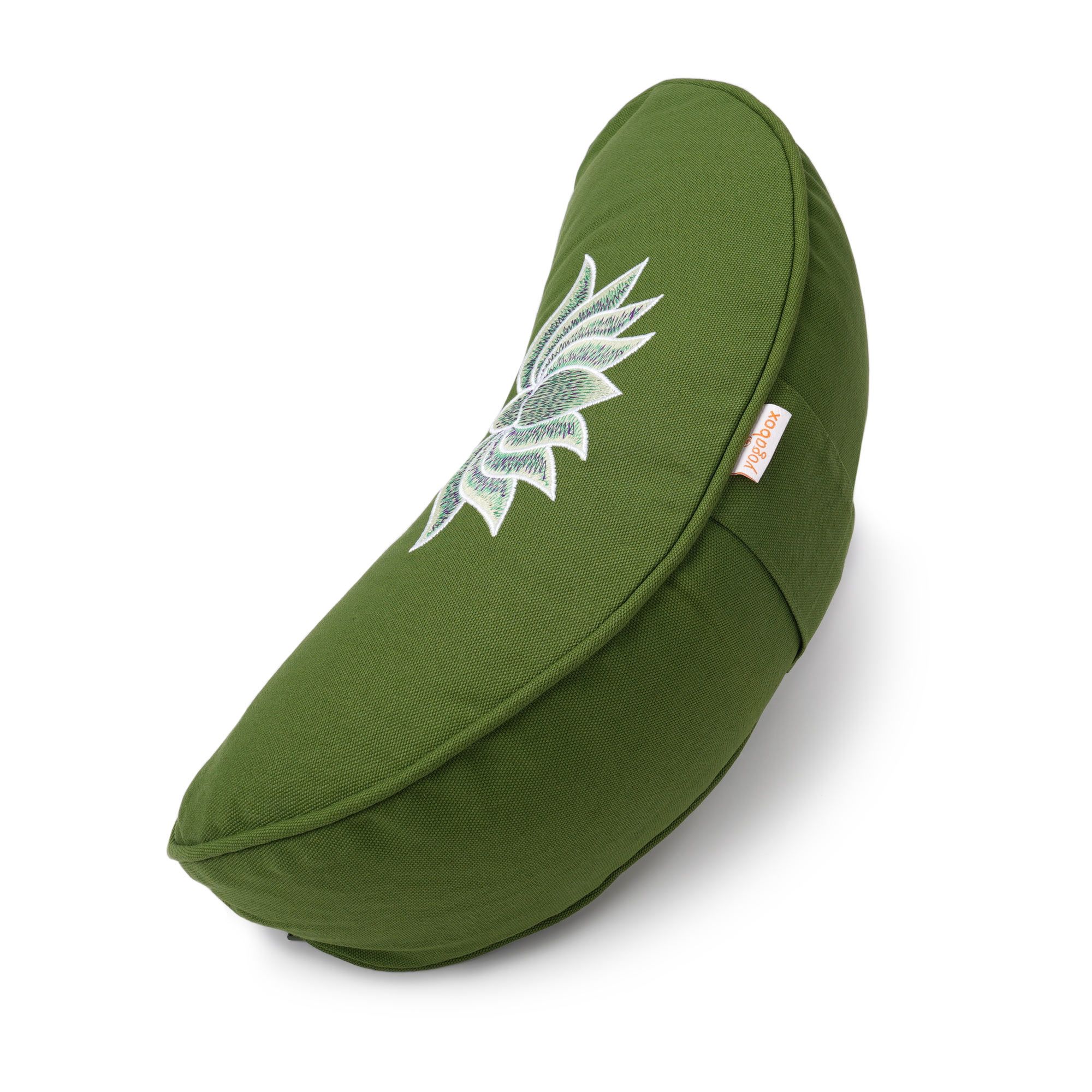 Seitenansicht eines grünen Halbmond-Yogakissens mit Lotus-Stick.