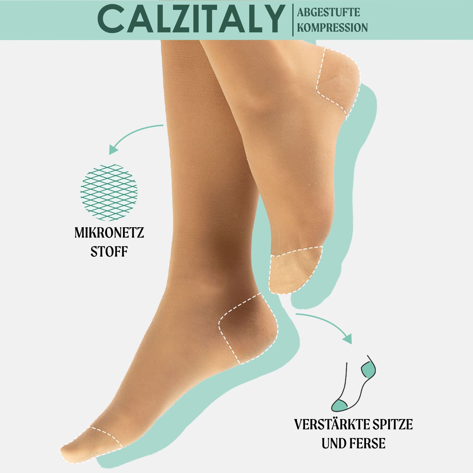 CALZITALY Kompressionsstrumpfhose. Mikronetzstoff. Verstärkte Spitze und Ferse. Detailansicht der Füße.