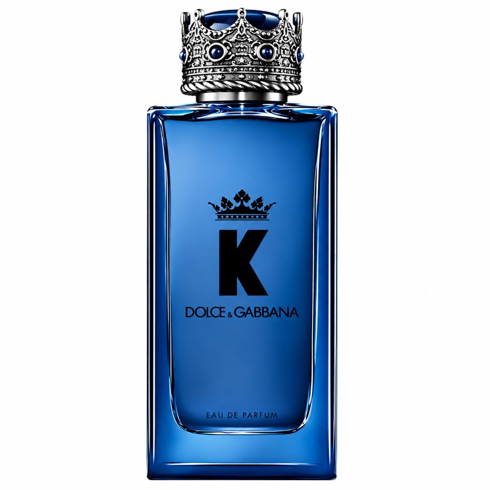 Blaue Glasflasche mit silberner Krone und blauen Steinen als Verschluss. Schwarzes 'K' Logo und Schriftzug.