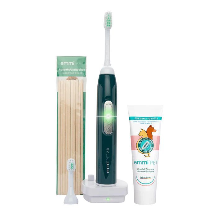 Set mit Ultraschallzahnbürste, Ladestation, Zahnpasta und Ersatzbürsten. Die Zahnbürste ist dunkelgrün mit dem Schriftzug "emmi PET 2.0".