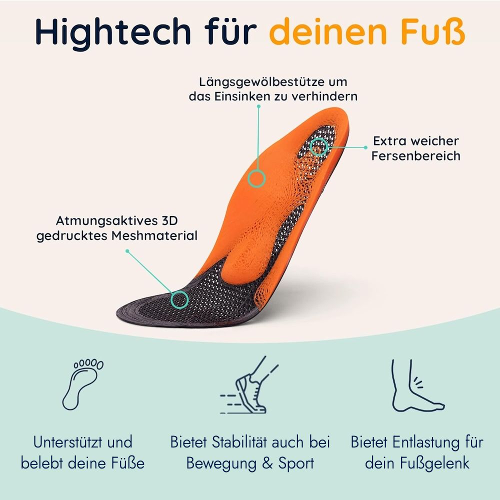 Sooley® ERGO Einlegesohle. Orangefarbene Innensohle mit Mesh-Material. Text: High-Tech für deinen Fuß, atmungsaktives Mesh-Material.