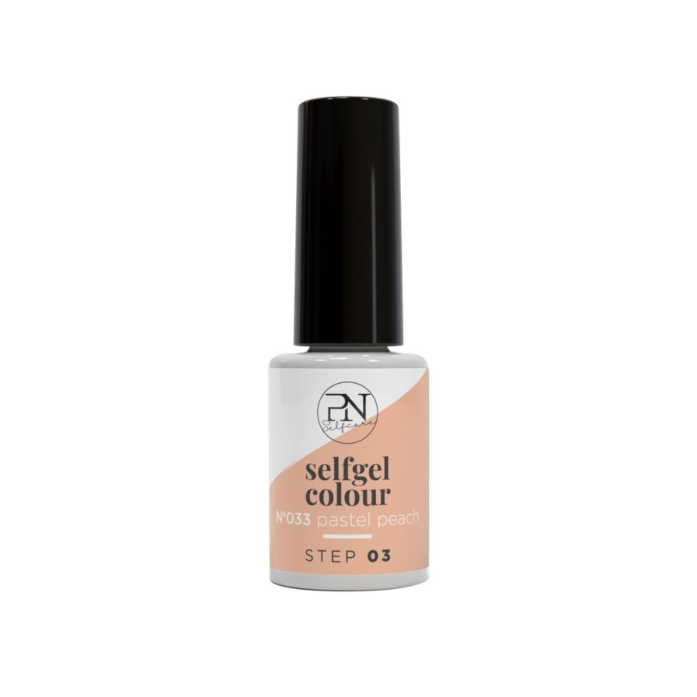 Flasche PN Selfgel Vernis Semi-Permanent, N33 Pastel Peach. Schwarzer Deckel, weißes Etikett mit Produktinformationen. STEP 03.