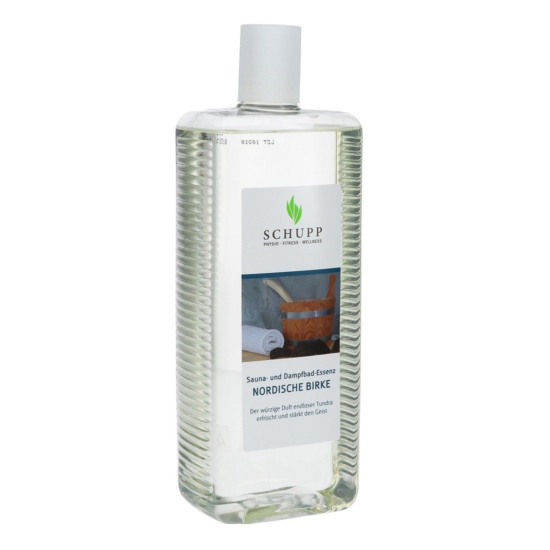 Klare Flasche mit weißem Verschluss. Etikett mit Logo und Produktbezeichnung: Sauna- und Dampfbad-Essenz Nordische Birke.