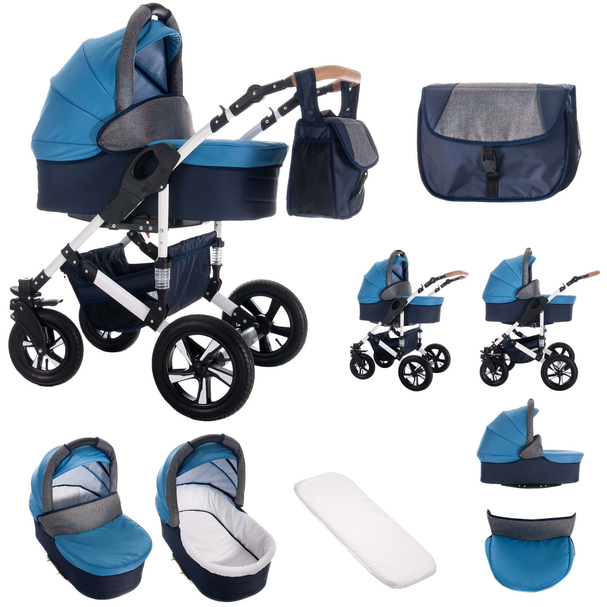 Kinderwagen-Set mit blauem Verdeck, Babywanne, Zubehör und Tasche. Schwarze Räder, weißes Gestell.