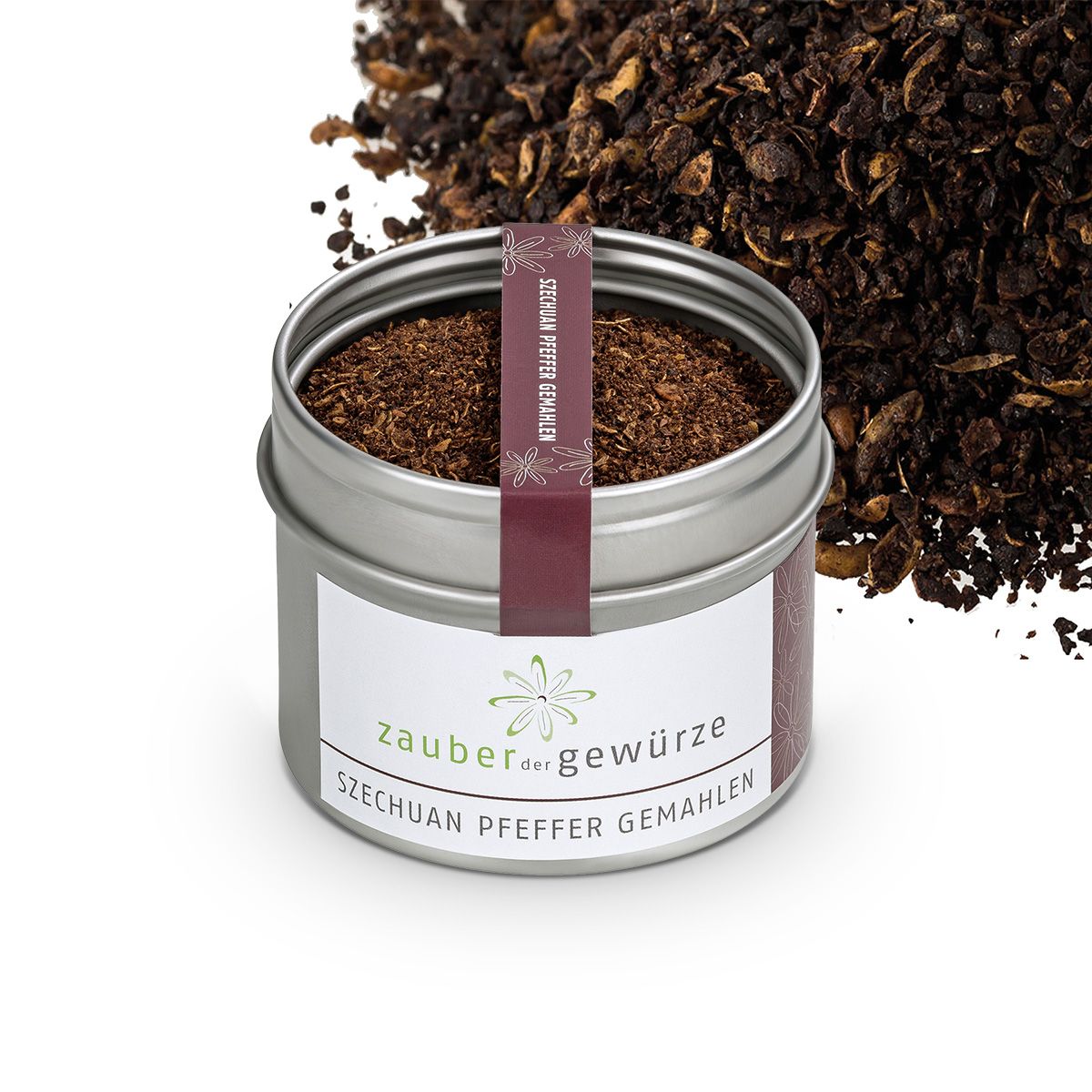 Geöffnete Dose Szechuan Pfeffer gemahlen. Weißes Etikett mit Produktnamen und Logo. Roter Papierstreifen mit Text. Pfefferkörner daneben.