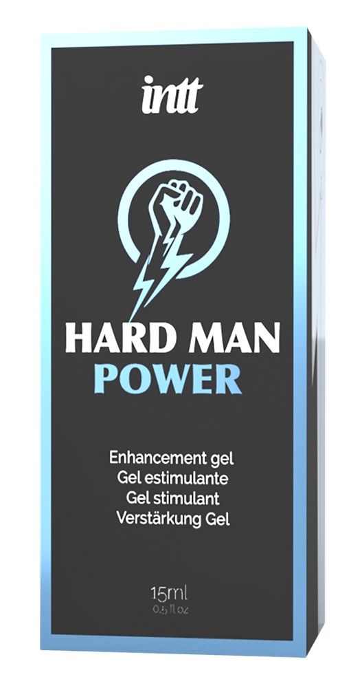 Schwarze Schachtel. Aufschrift: intt, HARD MAN POWER, Enhancement gel. Blaues Faust-Logo. 15ml.