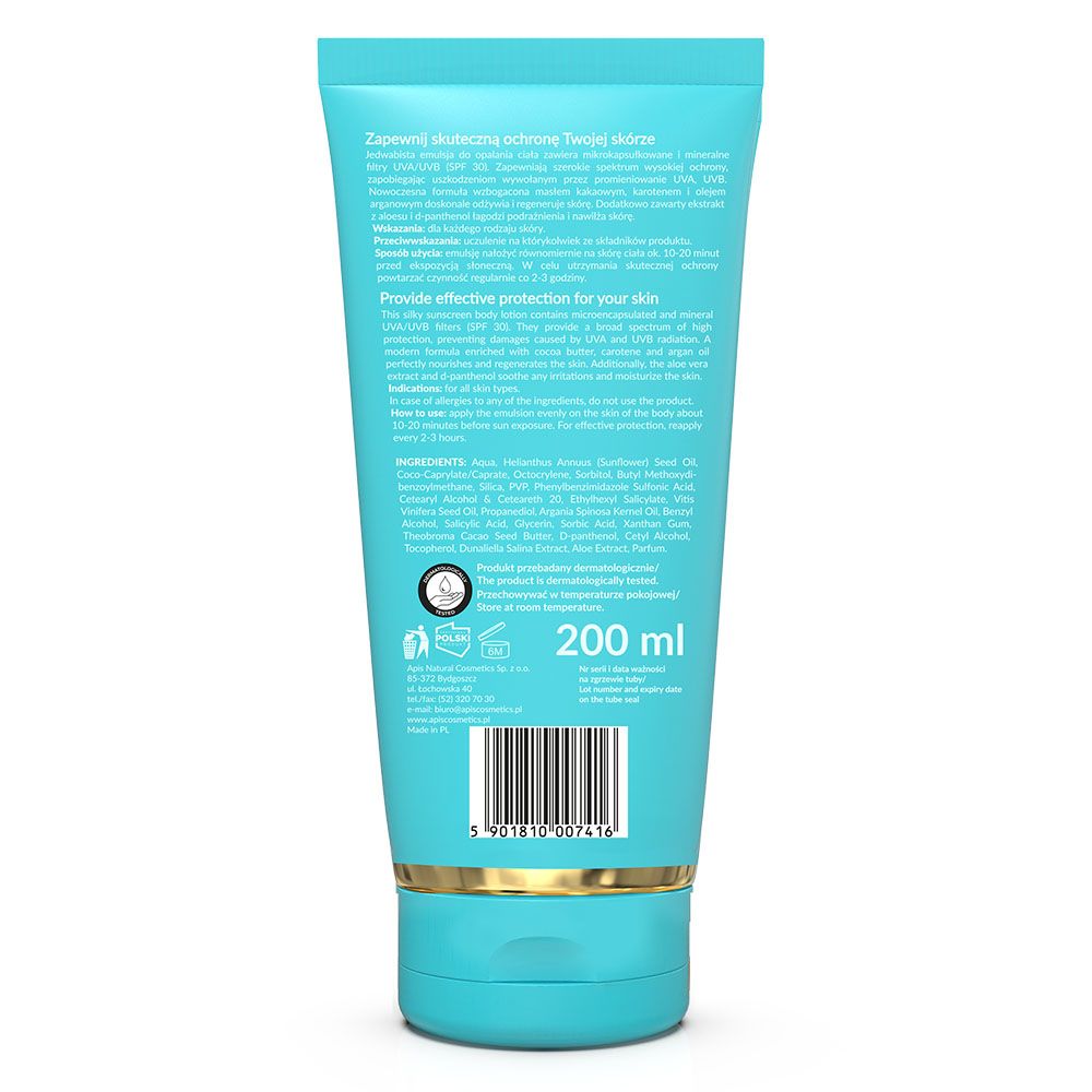Rückseite der türkisfarbenen Tube. Text und Barcode. Enthält 200 ml. Dermatologisch getestet.