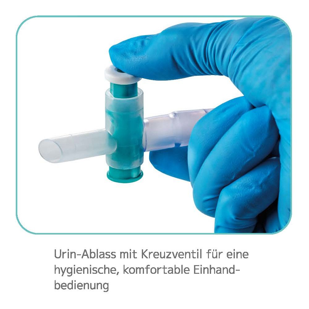 Urin-Ablass mit Kreuzventil. Text: Urin-Ablass mit Kreuzventil für eine hygienische, komfortable Einhandbedienung.