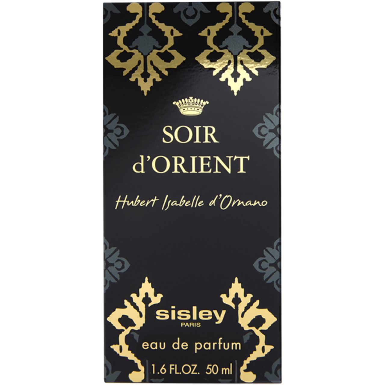 Schwarze Verpackung mit goldenen Ornamenten und Schriftzug Soir d'Orient. Marke Sisley. Eau de Parfum. 50 ml.