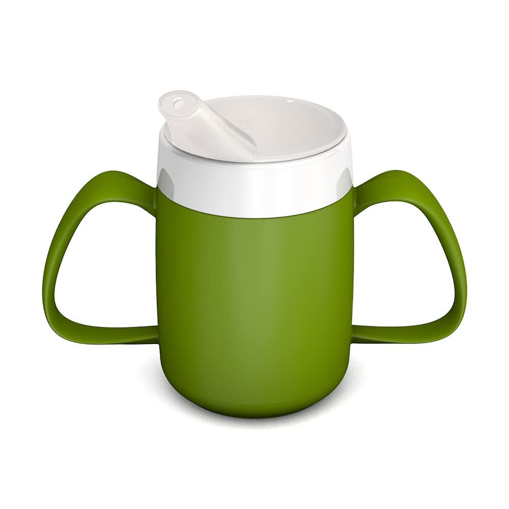 Becher mit zwei Griffen, grün und weiß. Deckel mit Trink-Trick und Schnabelaufsatz.