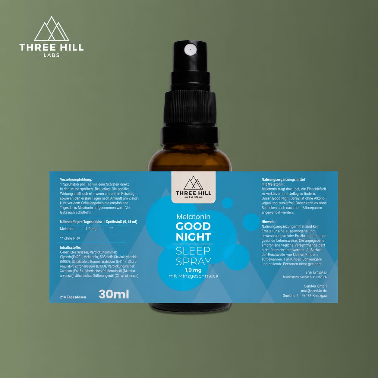 Braune Glasflasche mit Sprühkopf, Etikett mit "Melatonin GOOD NIGHT SLEEP SPRAY 1,9 mg mit Minzgeschmack".