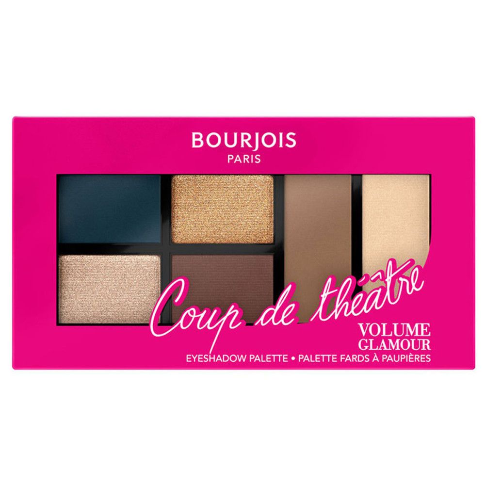 Lidschatten-Palette mit sechs Farbtönen in einer pinkfarbenen Verpackung. Aufschrift: Bourjois, Coup de théâtre, Volume Glamour.
