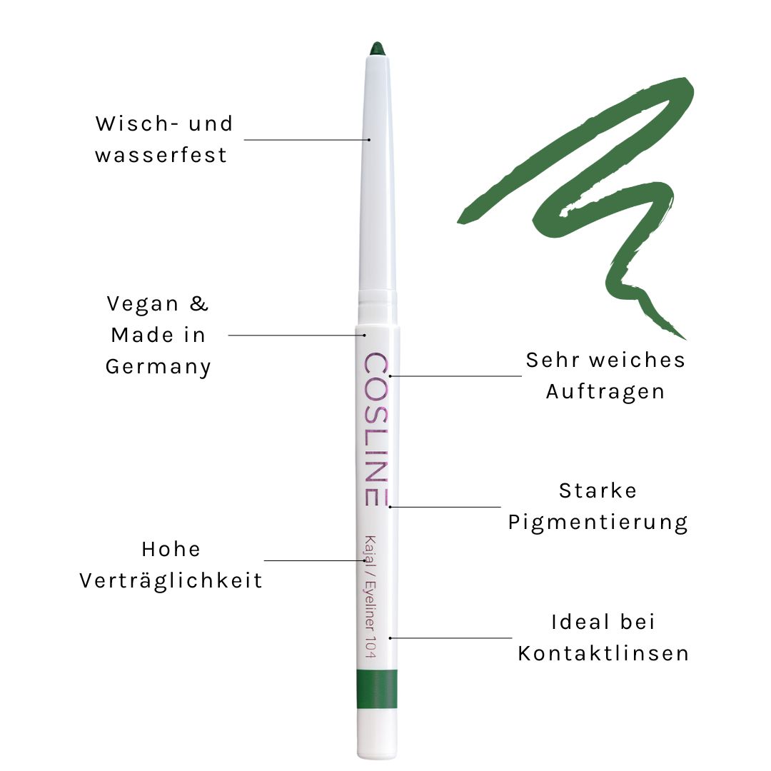 Weißer Kajal-Eyeliner von Cosline. Text: "Vegan & Made in Germany", "Wisch- und wasserfest", "Hohe Verträglichkeit".