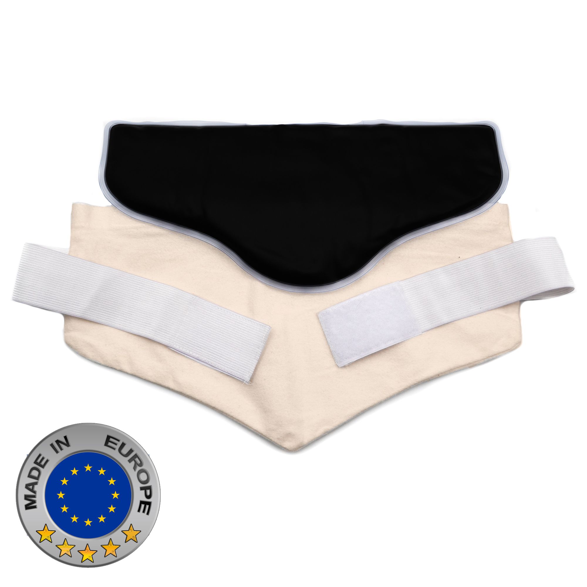 Lendenwirbel-Wärmekissen mit Naturmoor-Füllung. Baumwollhülle, schwarzes Kissen, weiße Bänder. EU-Zertifizierung.