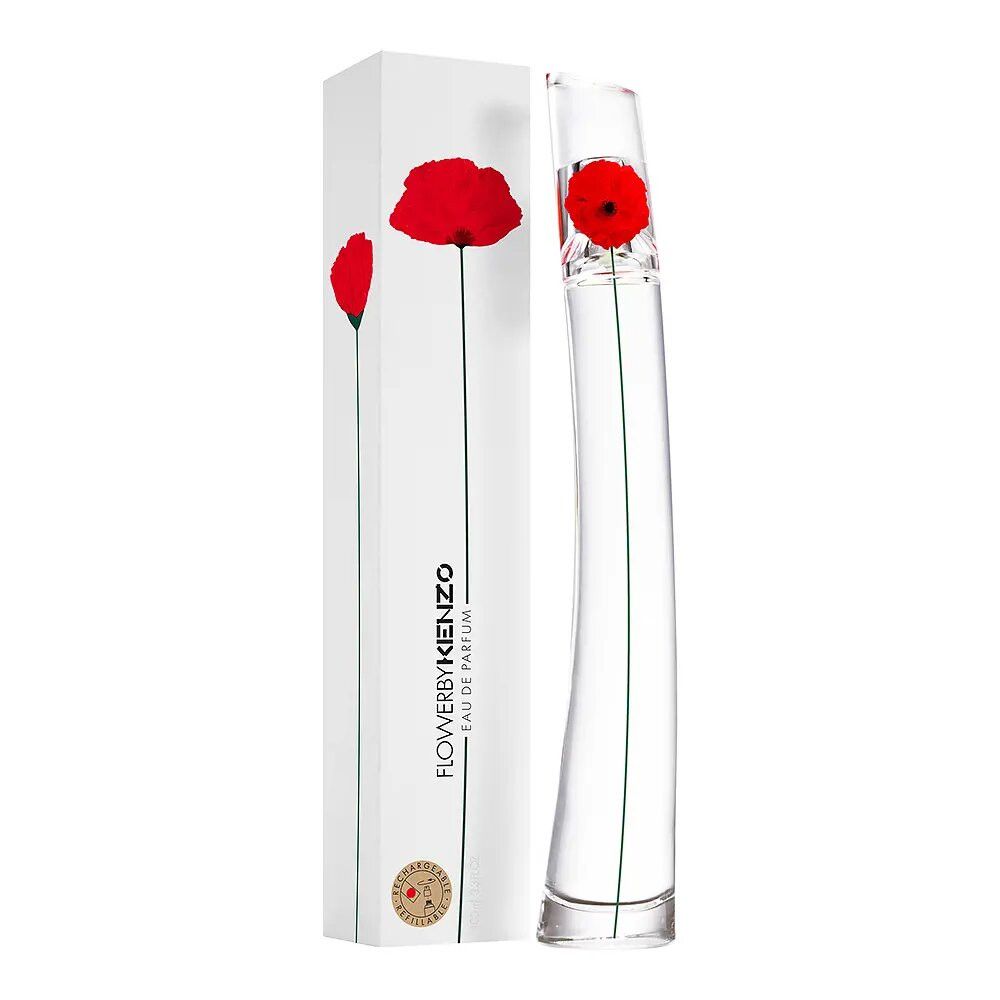 Kenzo Flower By Kenzo Eau de Parfum Flakon und Verpackung. Weißer Karton mit roter Mohnblüte. Flakon mit roter Blüte.