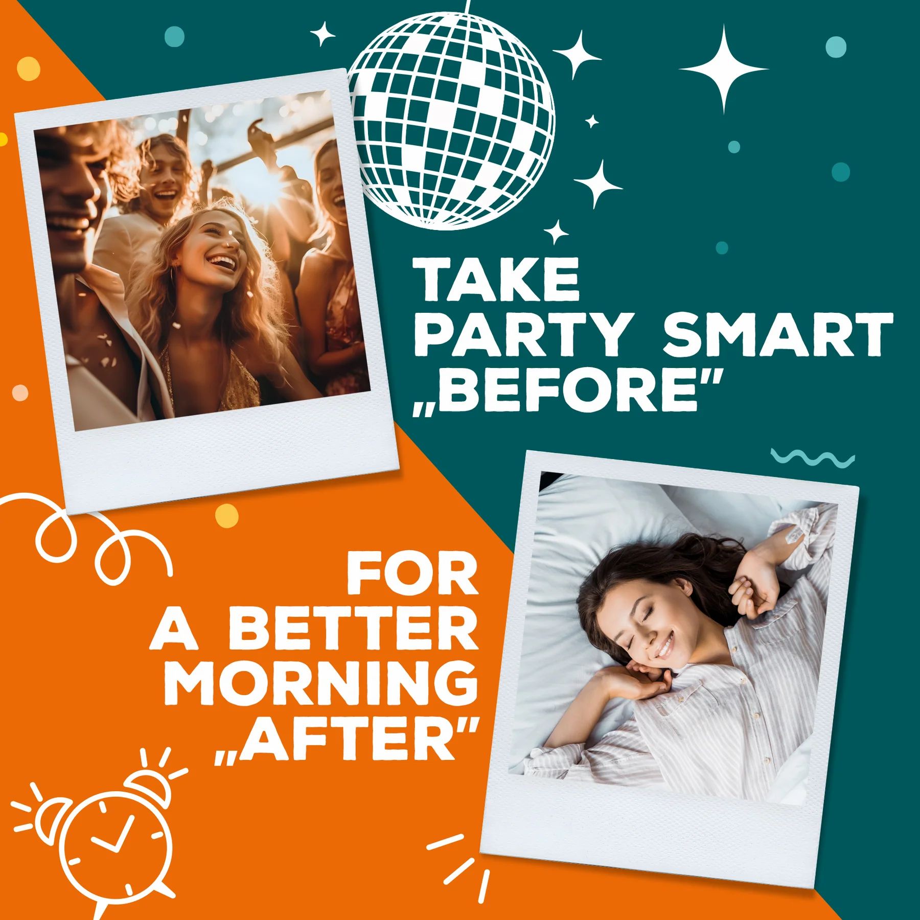 Werbebild mit Fotos von Menschen, die Spaß haben. Enthält eine Kapsel und den Text 'Take Party Smart Before'.