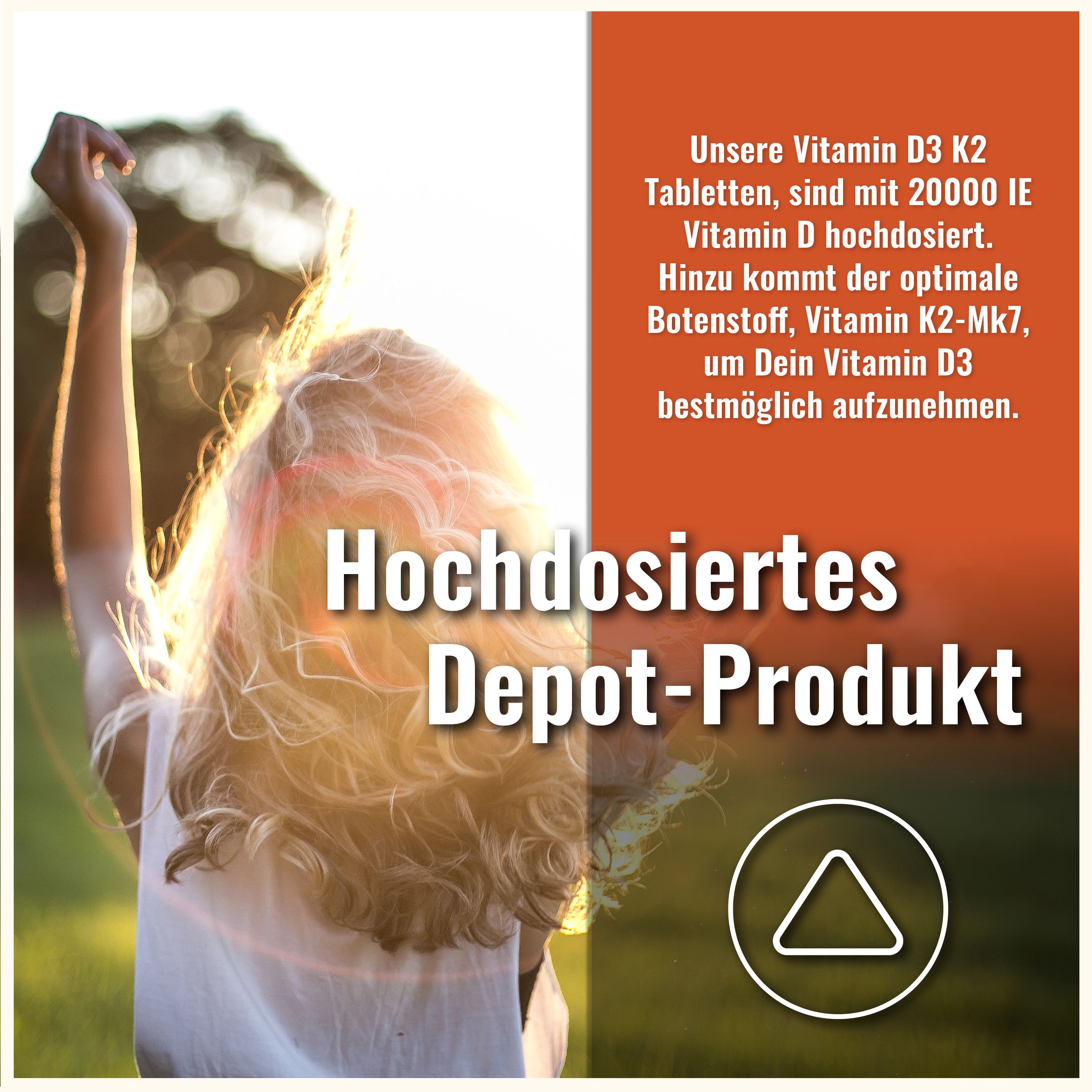 Person mit erhobenen Armen im Sonnenlicht. Text: "Hochdosiertes Depot-Produkt". Logo mit Dreieck.