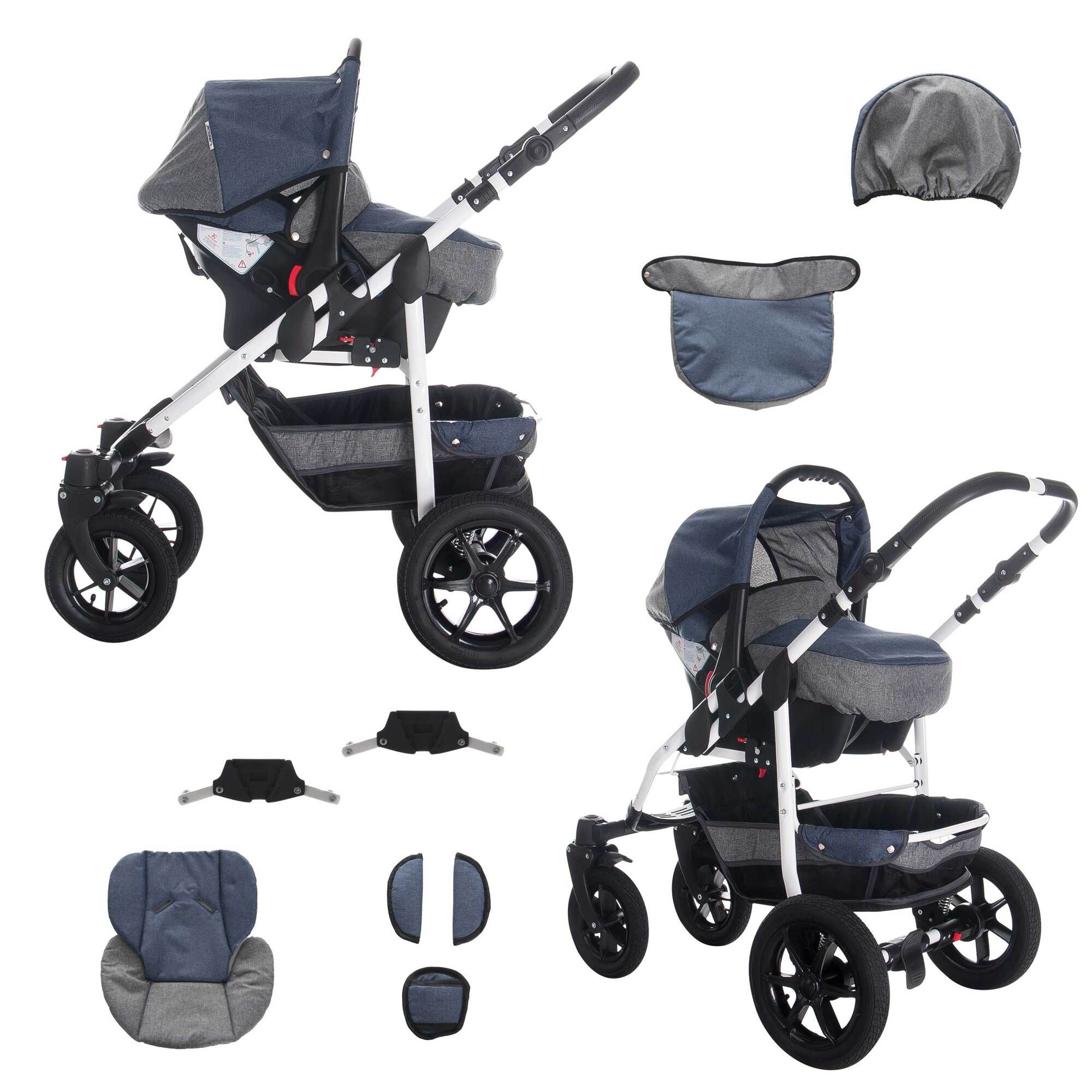 Kinderwagen mit Zubehör: Sitz, Sonnenblende, Adapter. Blau-grau, Luftreifen.