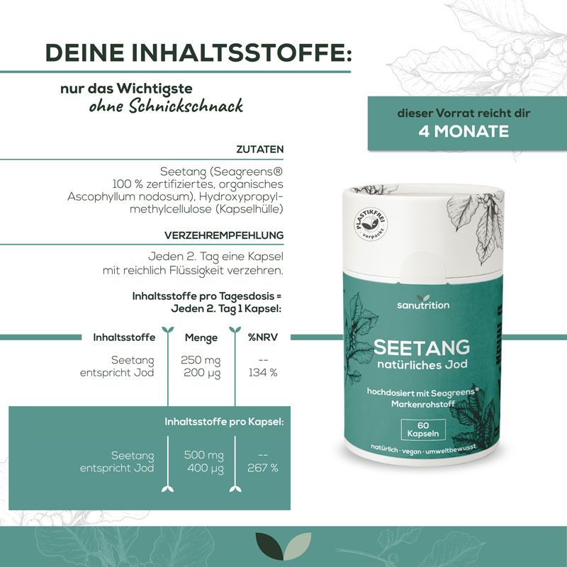 Infografik: Inhaltsstoffe von Sanutrition Seetang, 60 Kapseln. Empfehlung: 2 Kapseln alle 2 Tage.