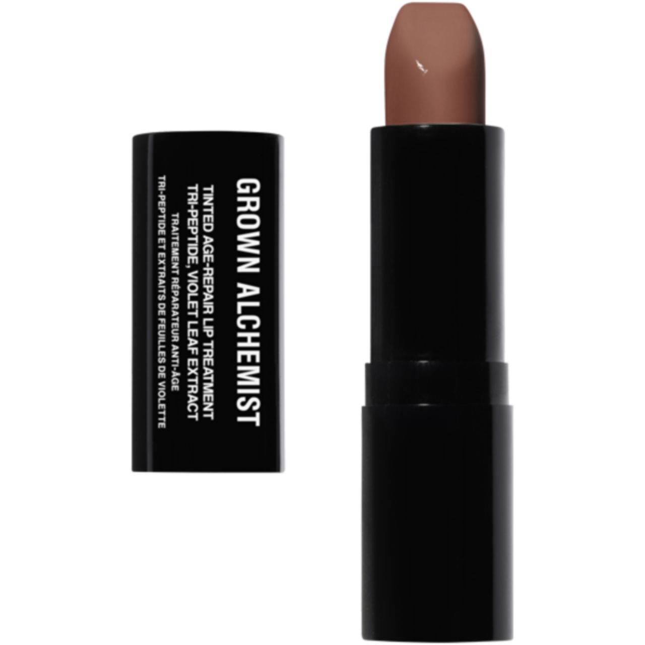 Lippenpflege. Schwarze Hülse mit geöffnetem Deckel. Produktname und Inhaltsstoffe in weißer Schrift.