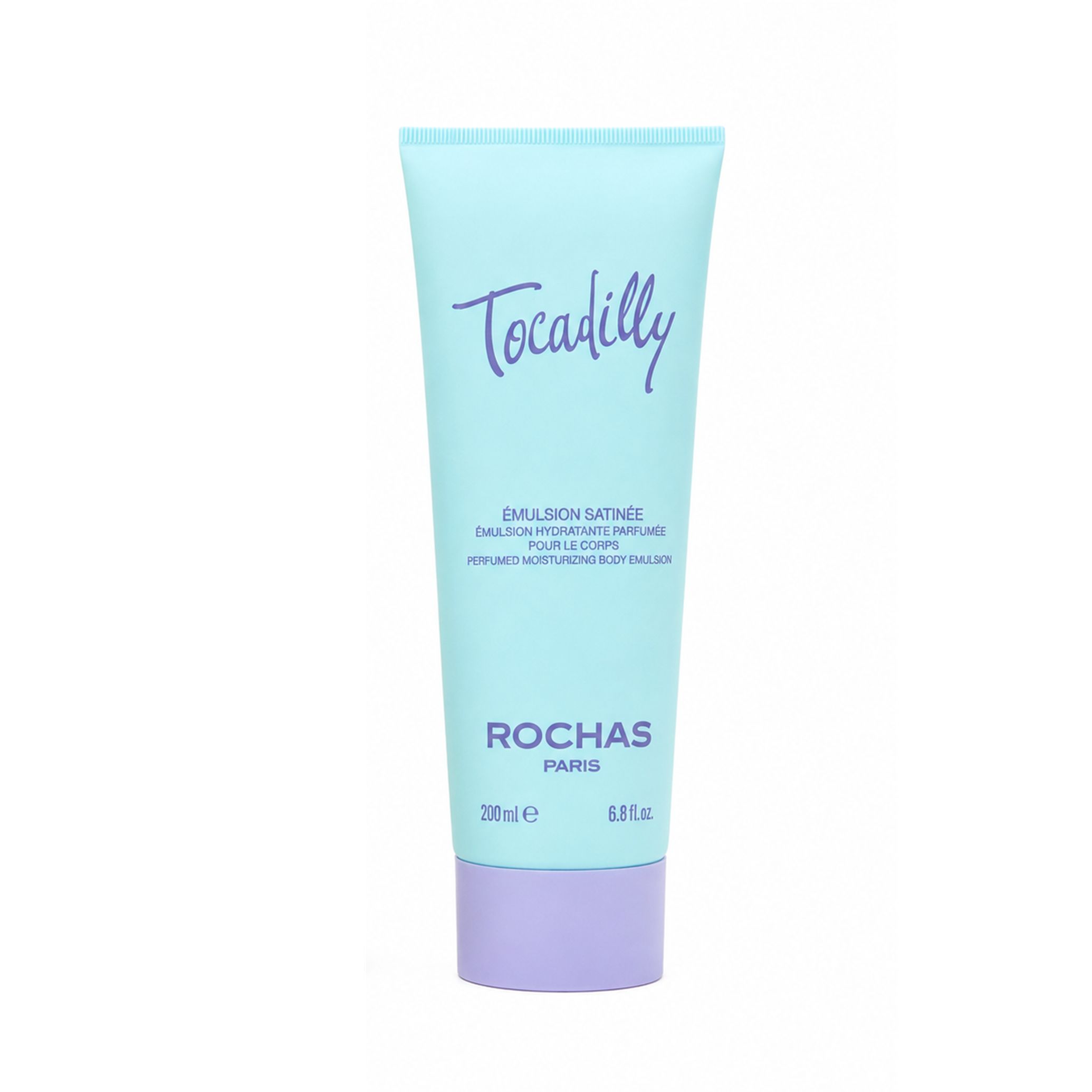 Türkisfarbene ROCHAS Tocadilly Emulsion Satinee Körperlotion in einer Tube mit lilafarbenem Verschluss.