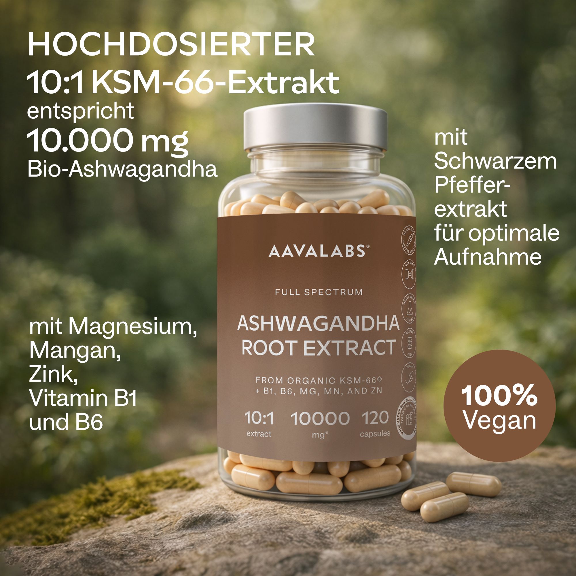 Glasflasche mit Kapseln. Text: Hochdosiert, 10:1 KSM-66 Extrakt, 10.000 mg, vegan.