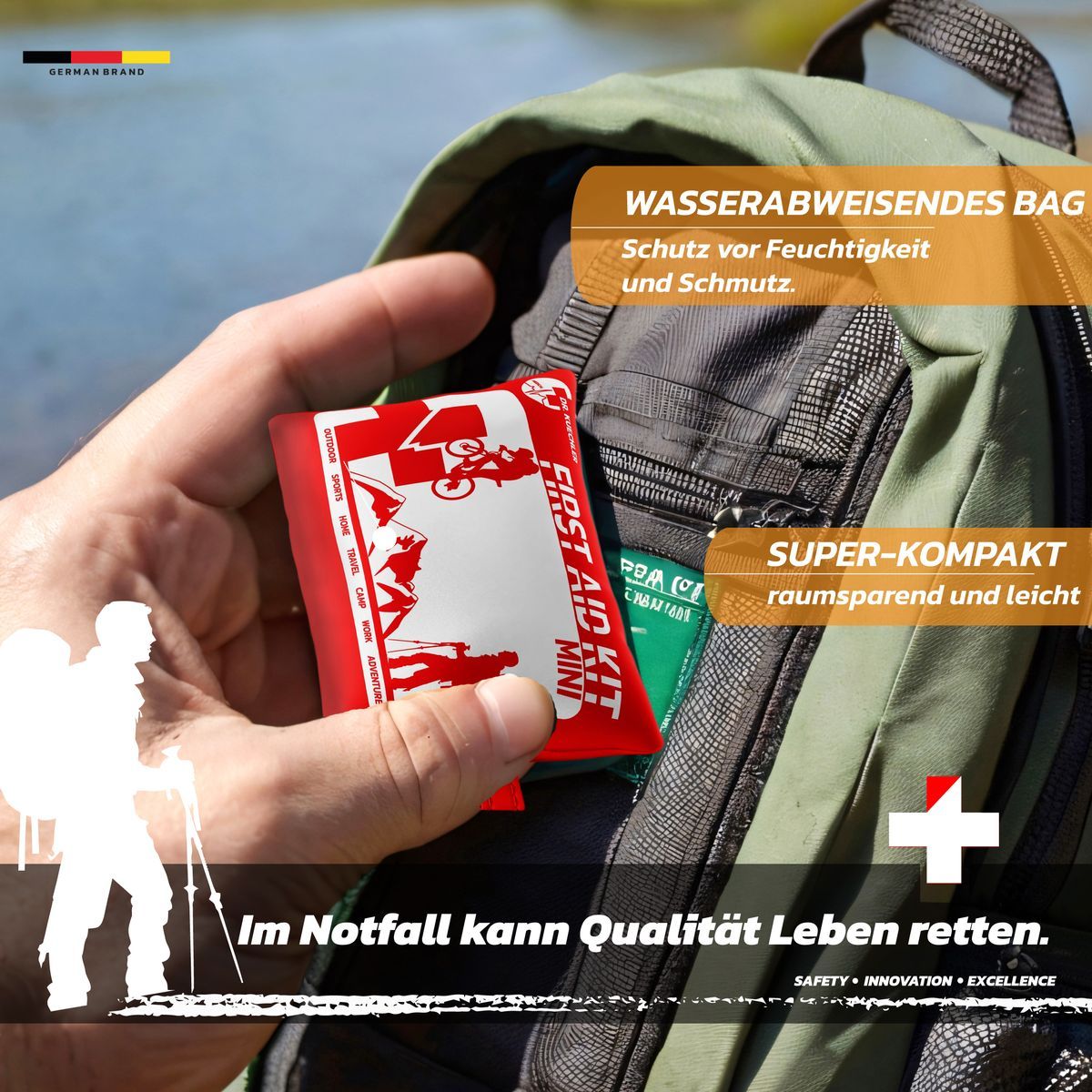 Rote Erste-Hilfe-Tasche in einer Tasche. Text: „WASSERABWEISENDES BAG“. Logo: Erste-Hilfe-Tasche. Text: „Im Notfall kann Qualität Leben retten.“