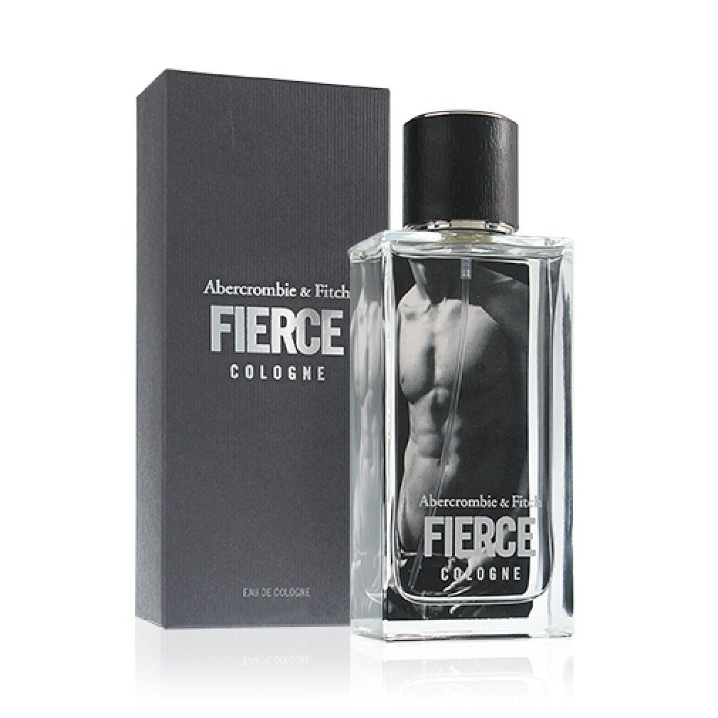 Flasche und Schachtel von Abercrombie & Fitch Fierce Cologne. Rechteckige Flasche mit schwarzem Deckel. Schwarze Schachtel mit Logo.