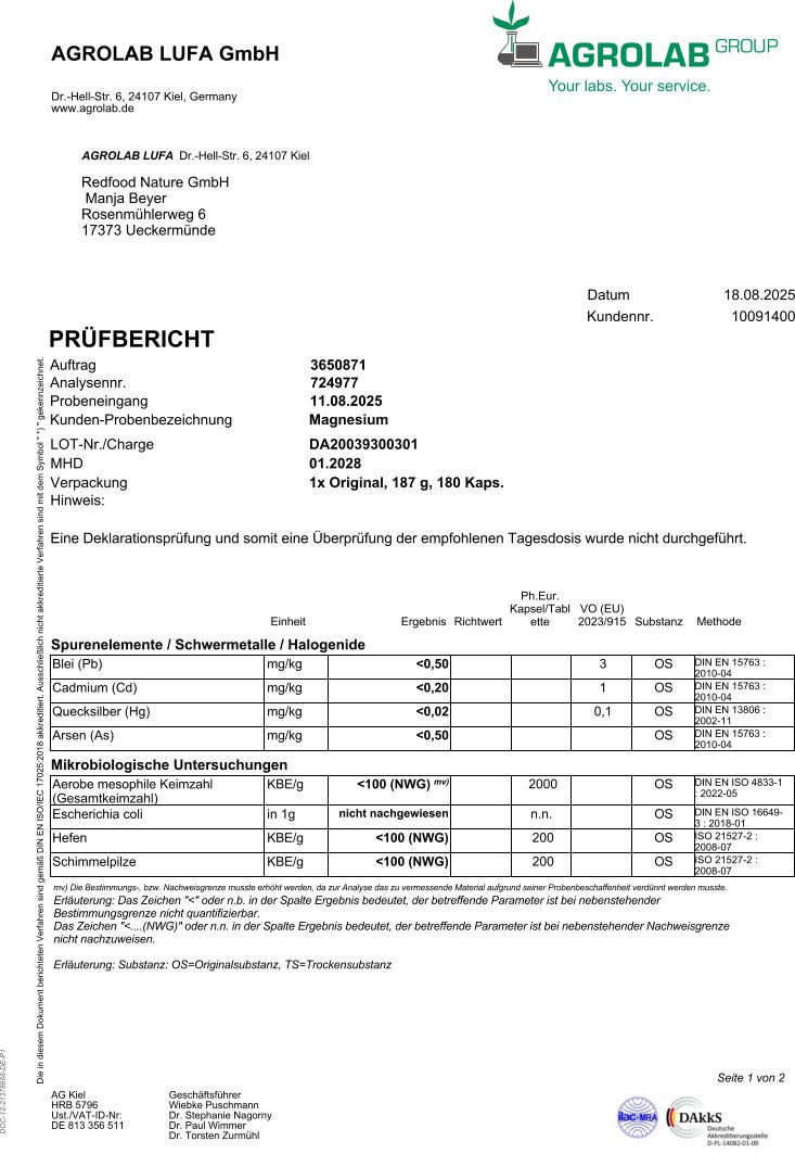 Prüfbericht von AGROLAB LUFA GmbH. Enthält Angaben zu Analyse, Proben, Ergebnissen und Grenzwerten für Magnesium.