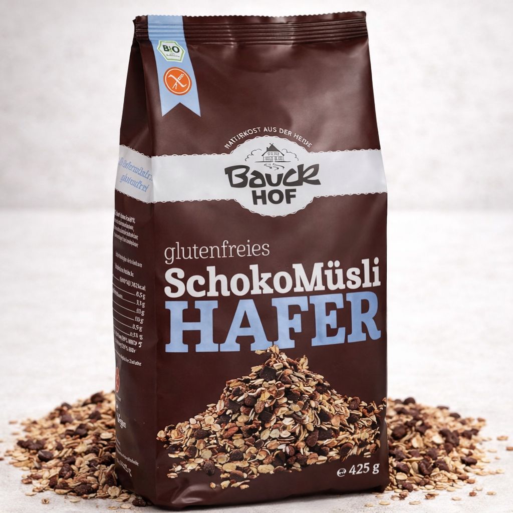 Bauckhof Schoko Hafer Müsli, glutenfrei, 425g Packung mit Nährwertangaben und Bio-Siegel.