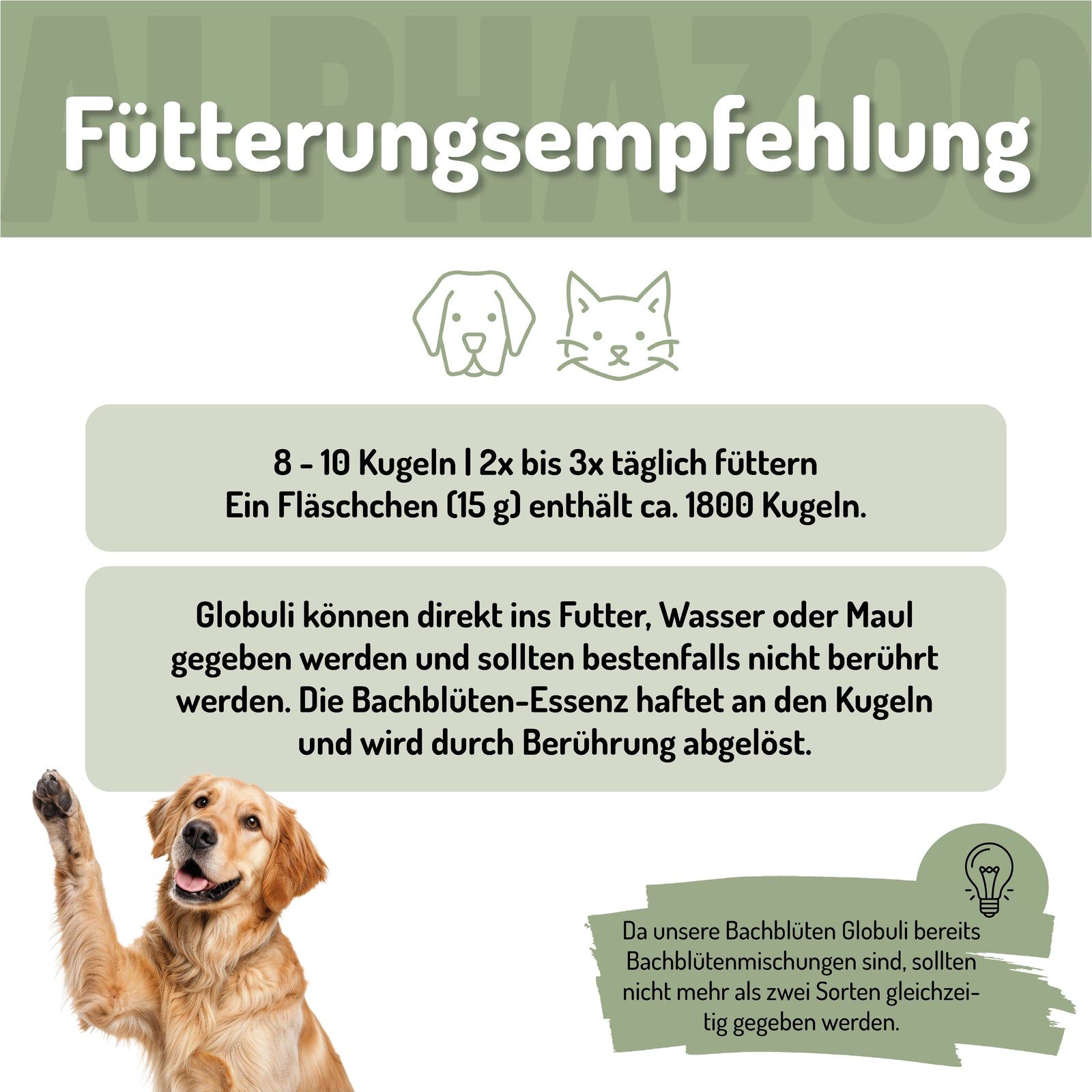 Fütterungsempfehlung für Globuli für Hunde & Katzen. 8-10 Kugeln 2x bis 3x täglich.