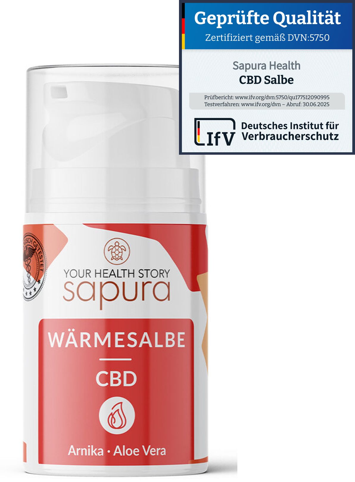Creme-Spender mit Etikett. Text: Wärmesalbe CBD, Arnika, Aloe Vera. Zertifizierung: Geprüfte Qualität, DVN:5750.