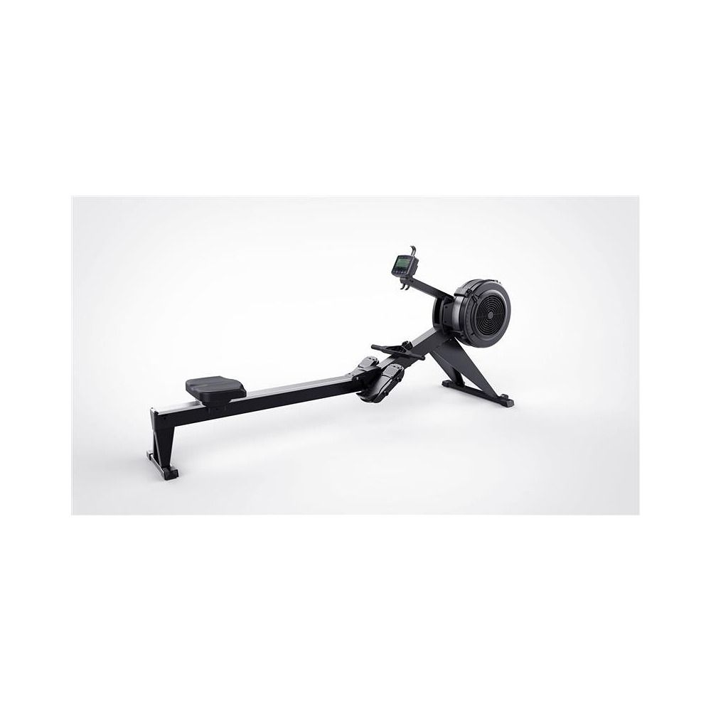Schwarzes Rudergerät mit Sitz, Fußstützen und Schwungradgehäuse. Grauer Rahmen mit schwarzem Sitz.