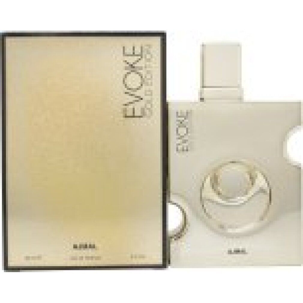 Goldfarbene Schachtel und goldfarbener Flakon. Aufschrift: Evoke Gold Edition, Ajmal. Flakon mit silbernem Verschluss.